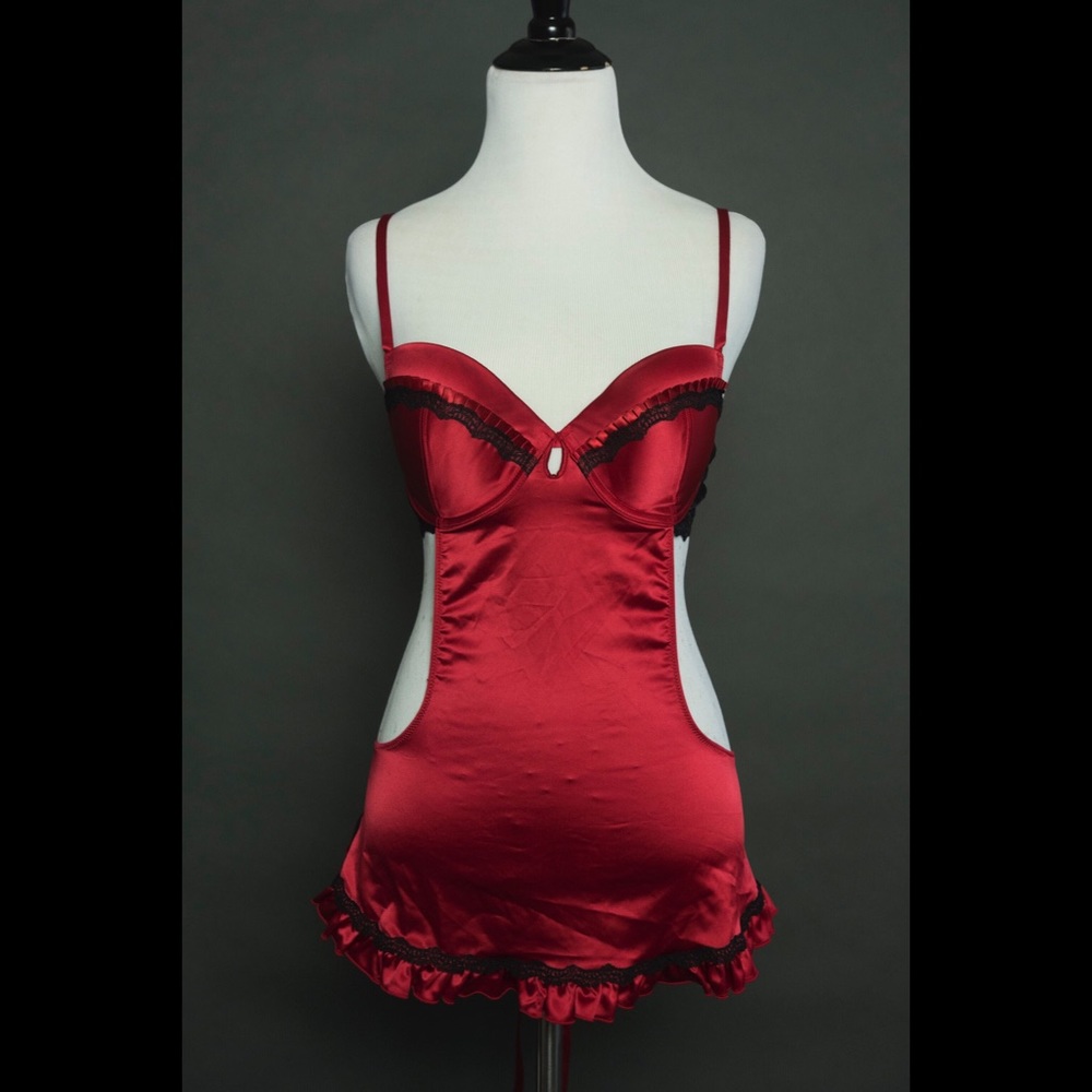Adore Me sexy red silk apron lingerie